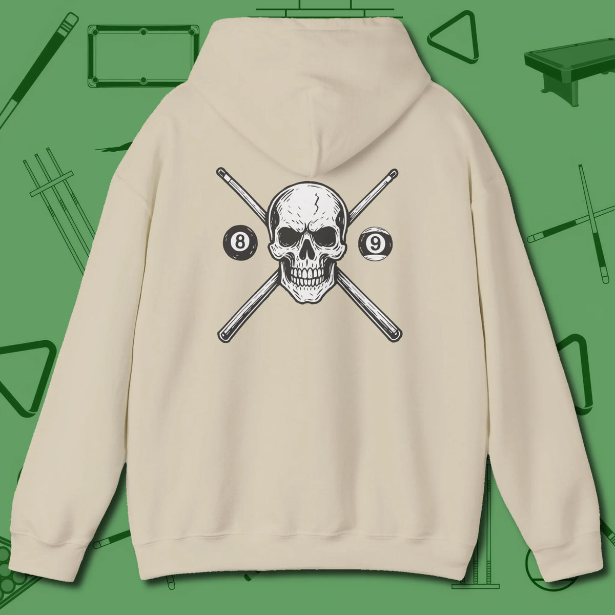 Cue & Bones Hoodie, back view, in Sand built for shooters who stay after last call