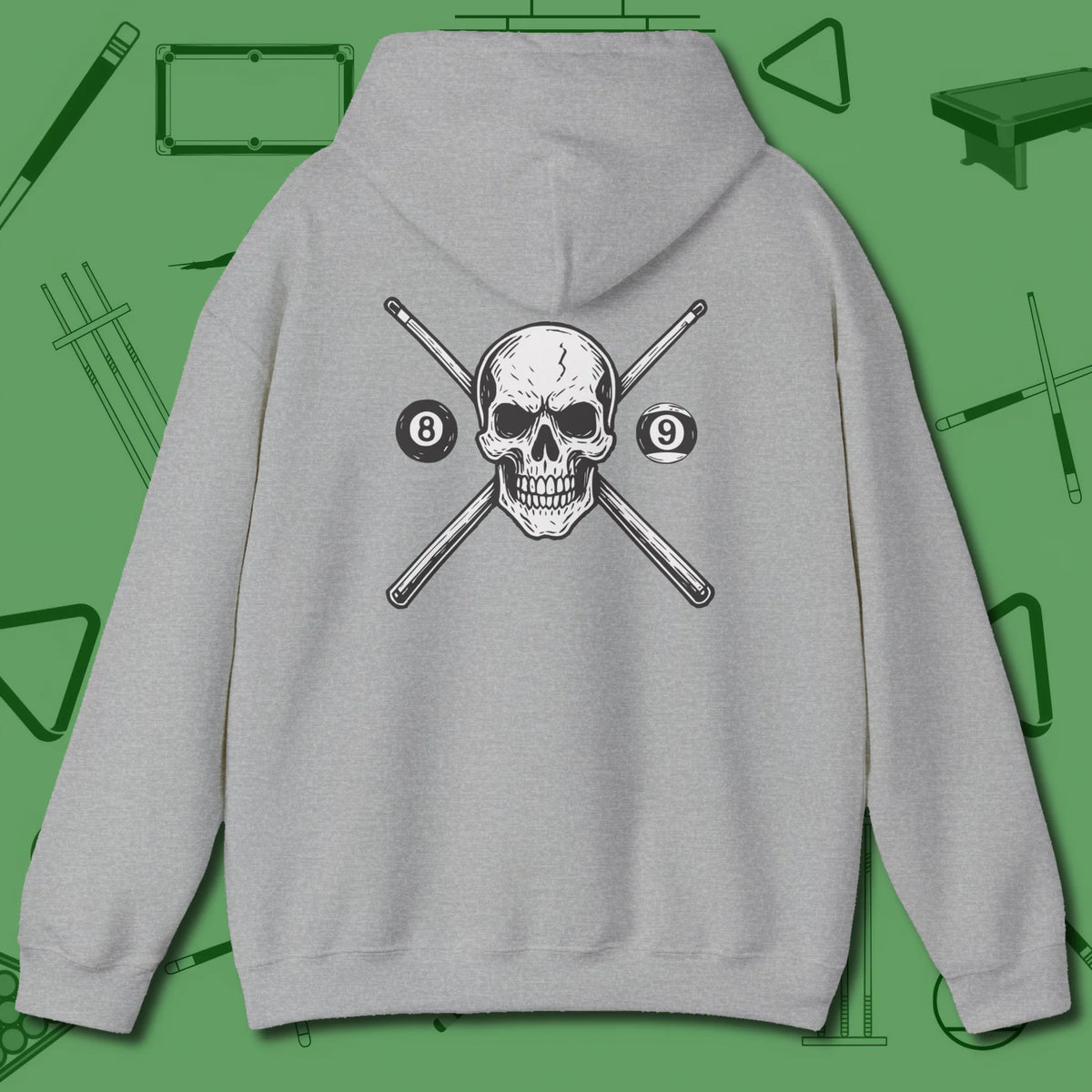 Cue & Bones Hoodie, back view, in Sport Grey made for grinders and league regulars