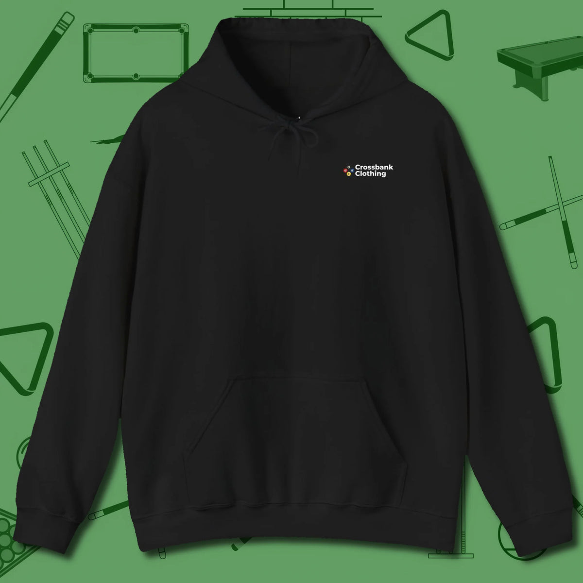 Cue & Bones Hoodie, front view, in Black worn by players who don’t miss twice
