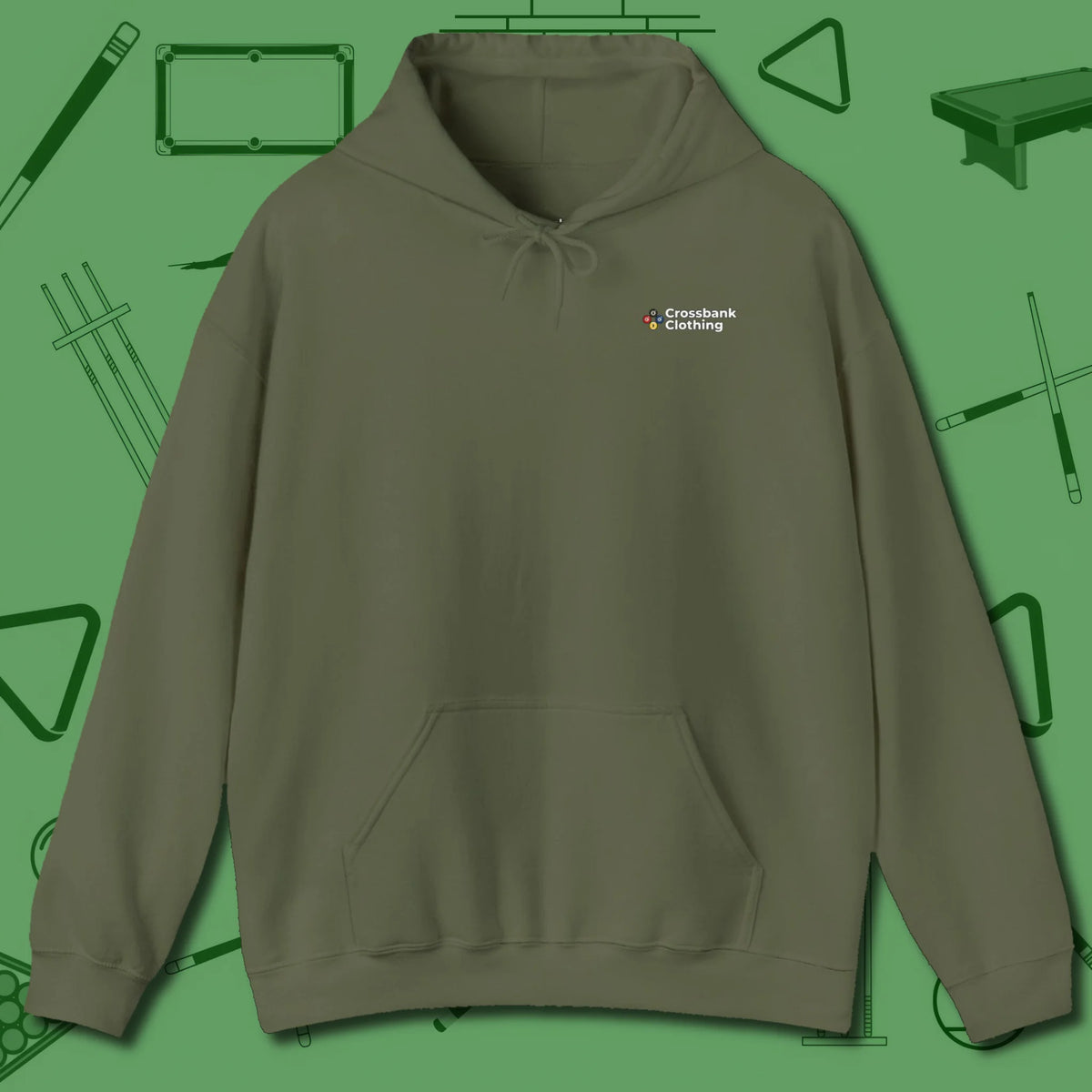 Cue & Bones Hoodie, front view, in Military Green disciplined at the table, relentless on the felt