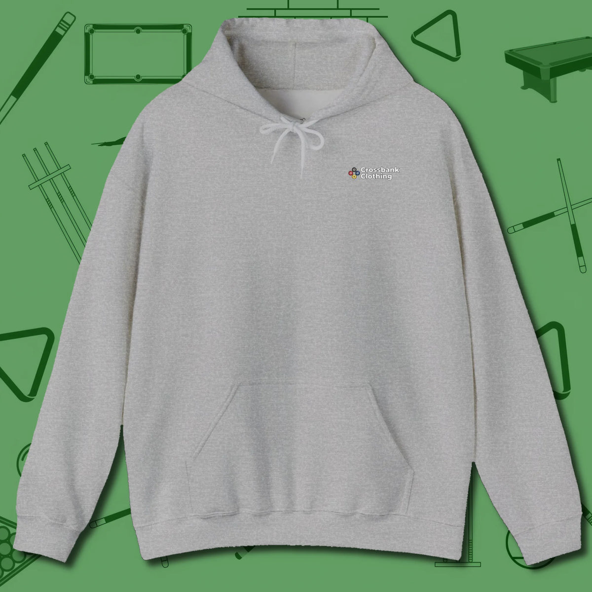 Cue & Bones Hoodie, front view, in Sport Grey a clean look for messy run-outs