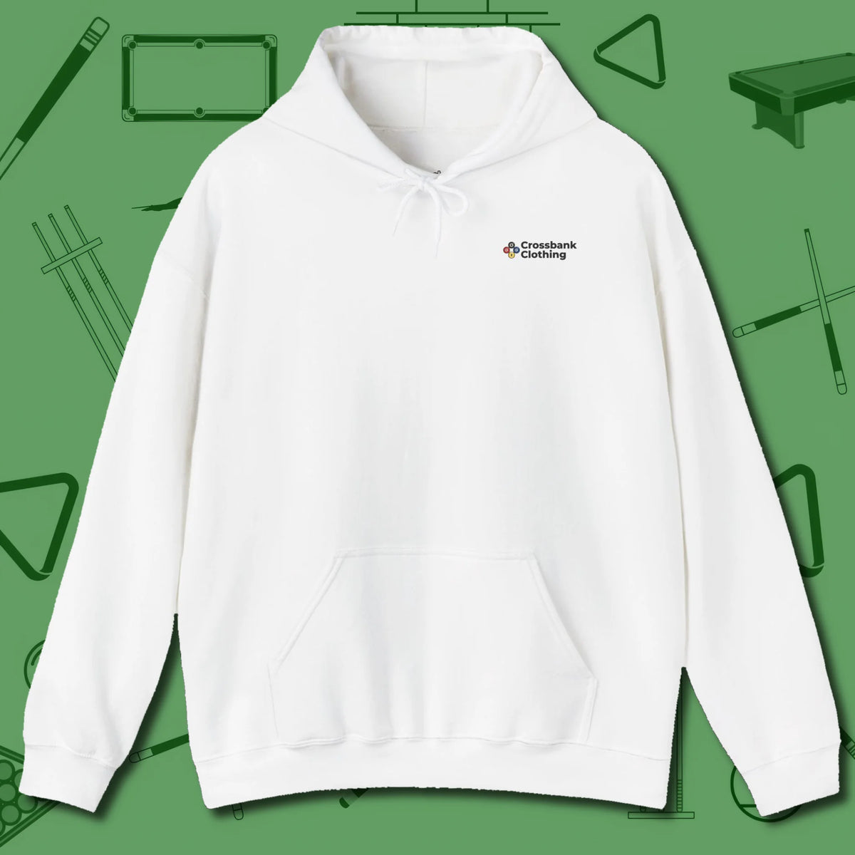 Cue & Bones Hoodie, front view, in White crisp style for controlled chaos
