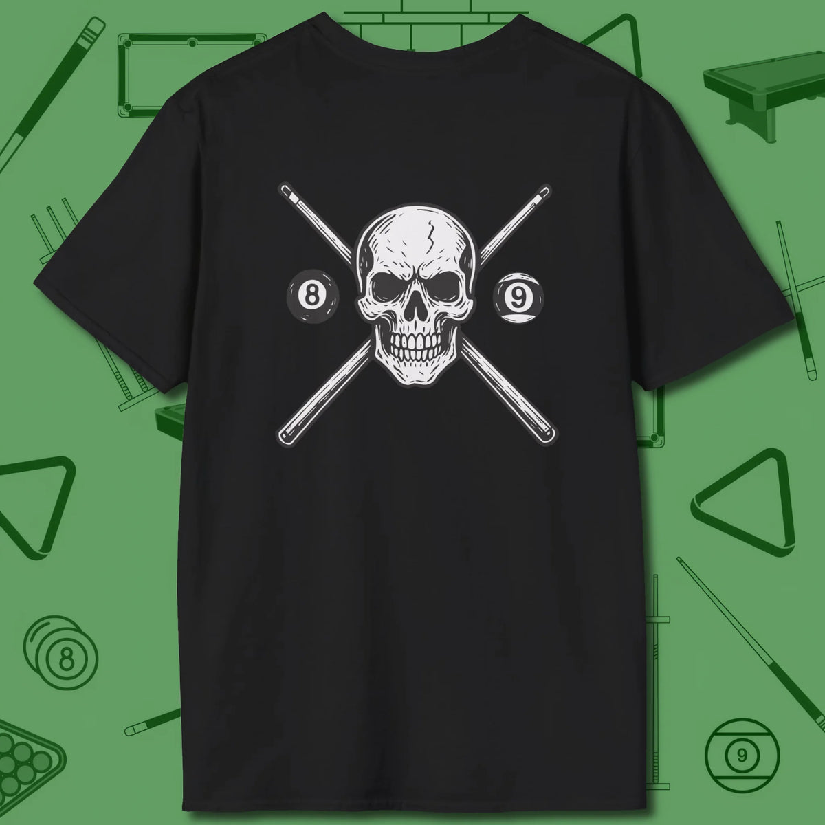 Cue & Bones T-Shirt, back view, in Sport Grey earned through table time and tough racks