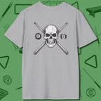 Cue & Bones T-Shirt, back view, in Black dark, focused, and all business