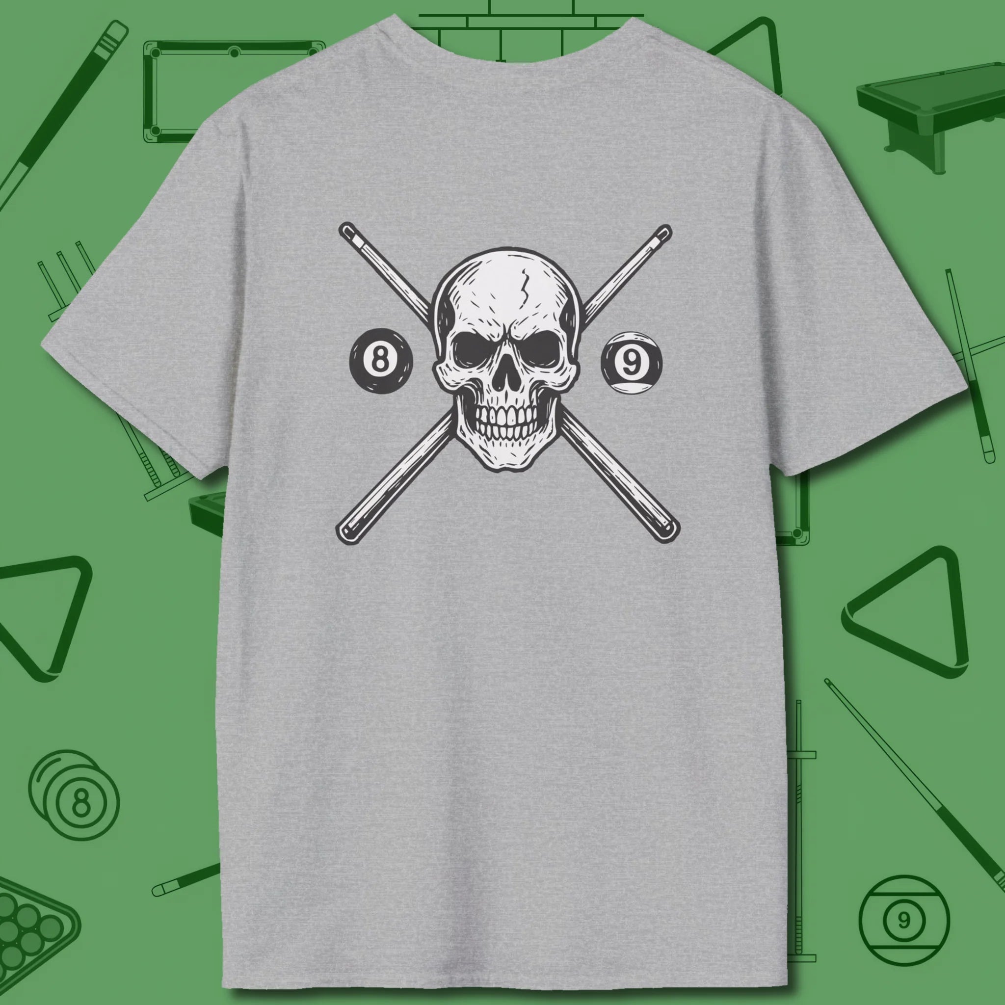 Cue & Bones T-Shirt, back view, in Black dark, focused, and all business