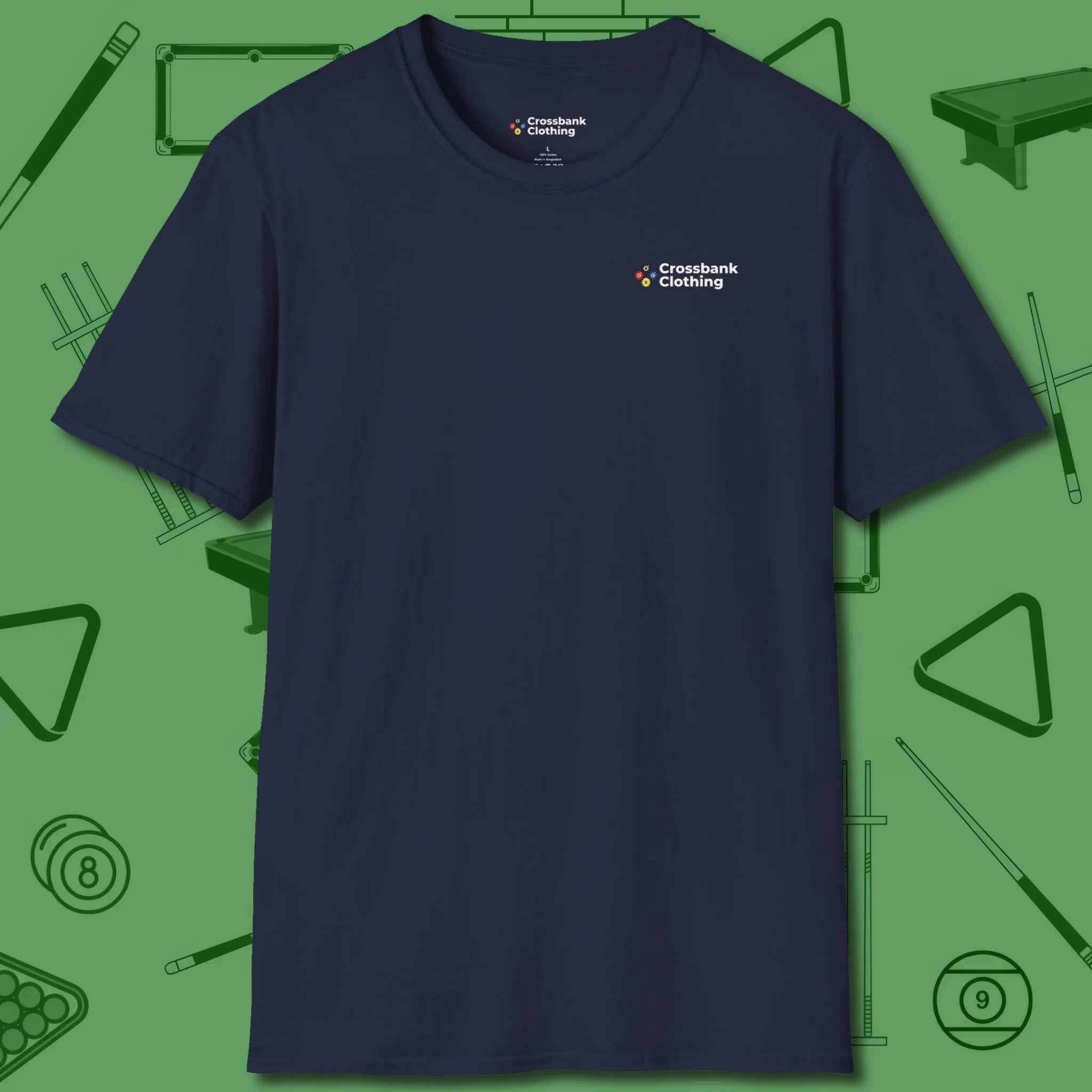 Cue & Bones T-Shirt, front view, in Royal clean look for sharp shooters