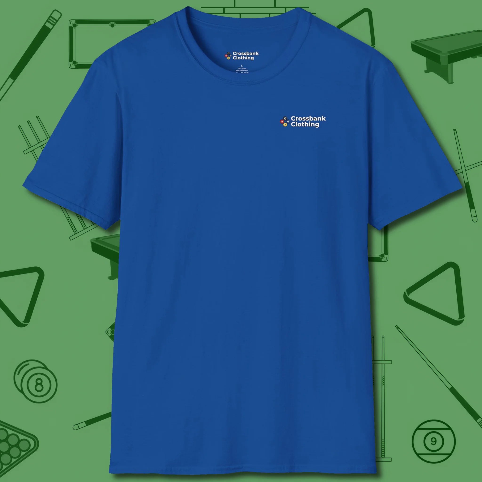 Cue & Bones T-Shirt, front view, in Navy understated gear for confident players