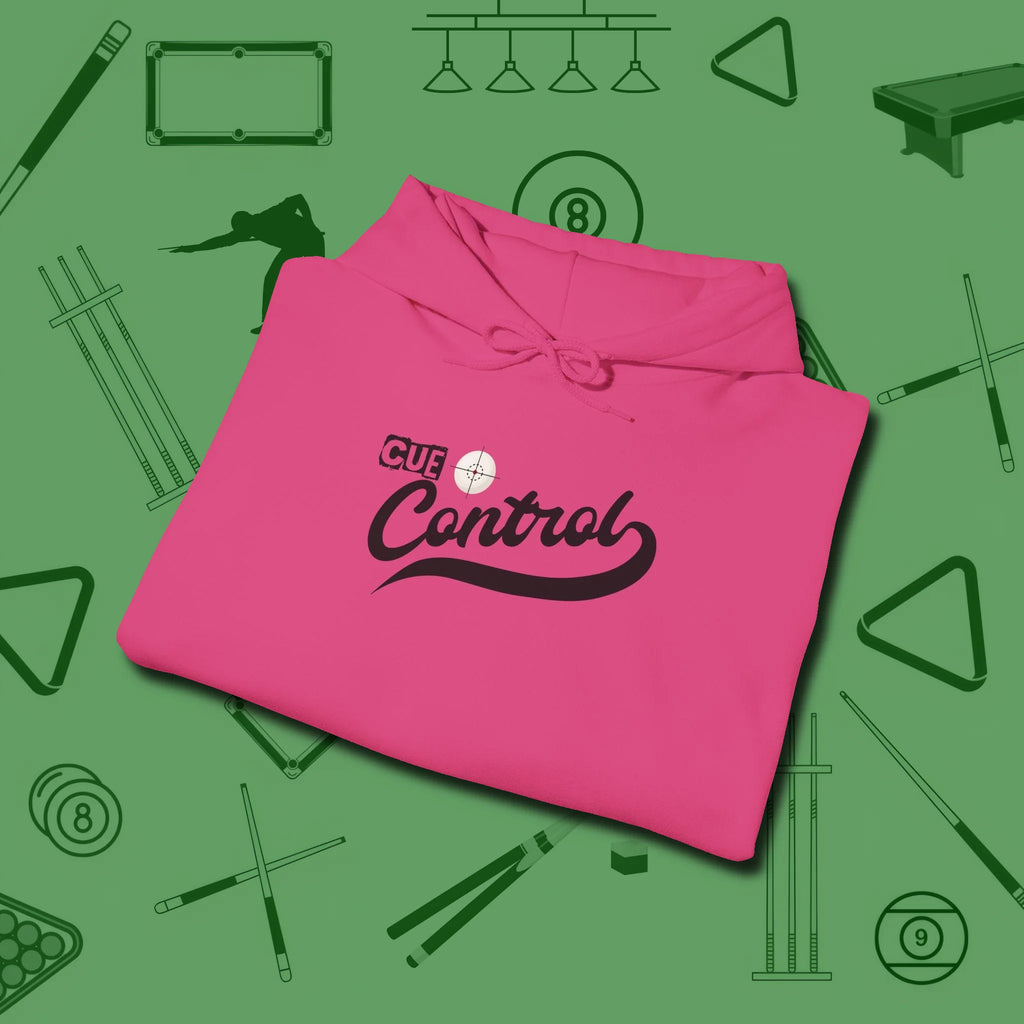 Cue Control Hoodie, folded view, in Heliconia classic cue style, no gimmicks