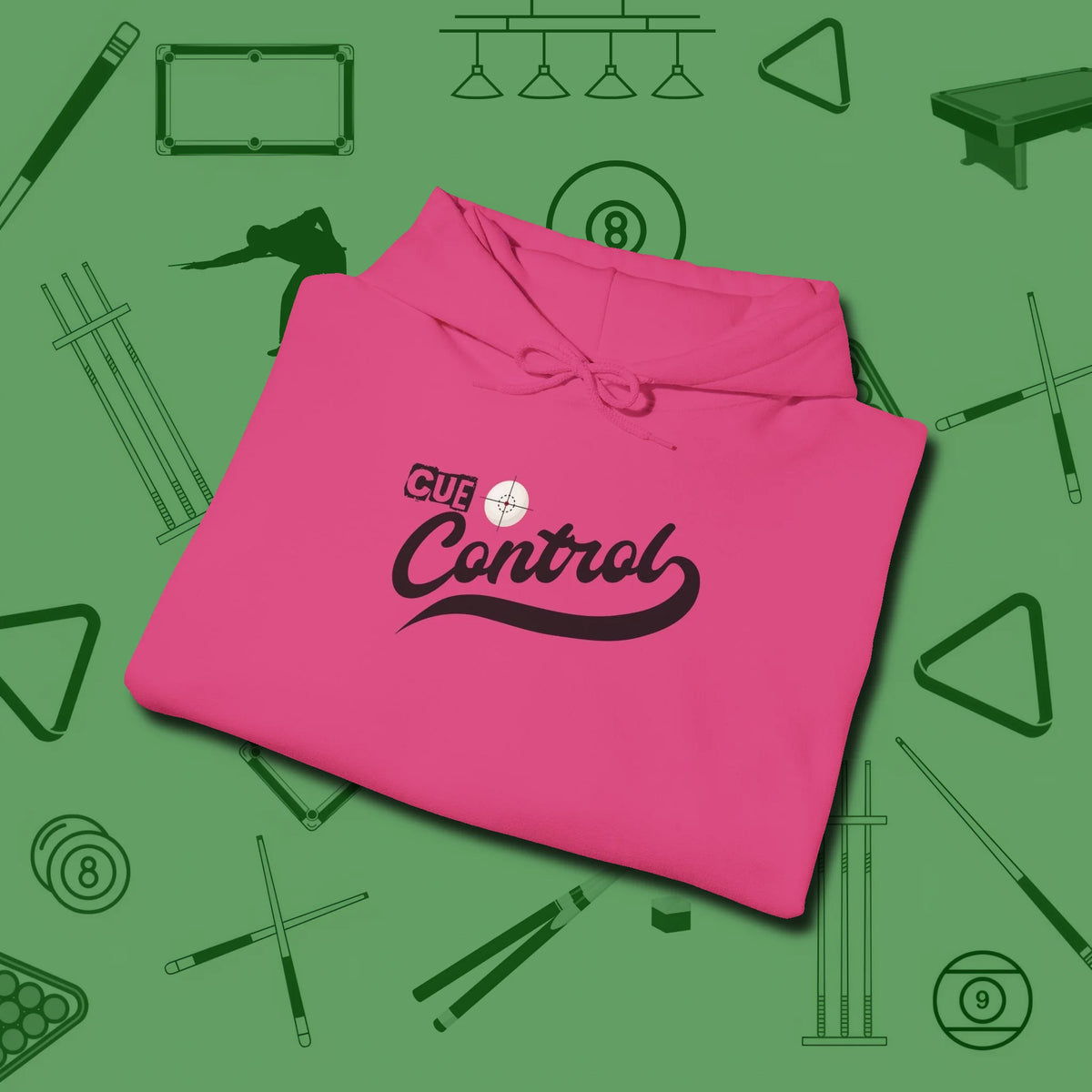Cue Control Hoodie, folded view, in Heliconia classic cue style, no gimmicks