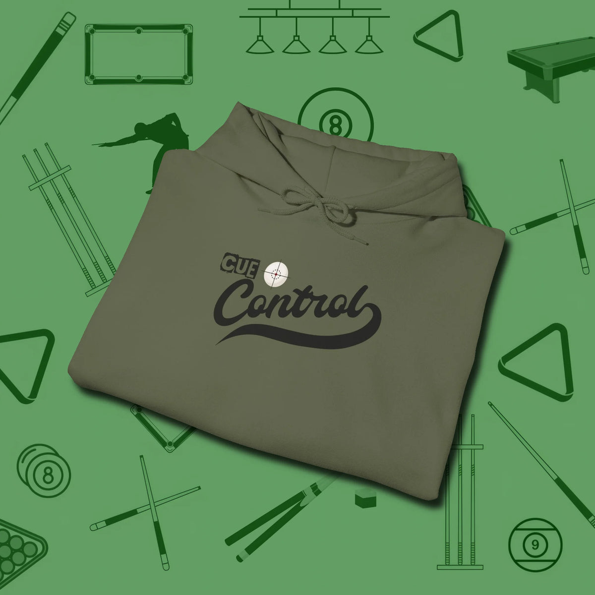 Cue Control Hoodie, folded view, in Military Green where style and cue discipline collide