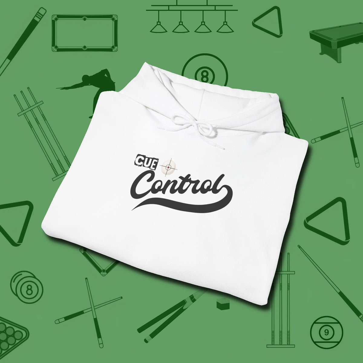 Cue Control Hoodie, folded view, in White fashion with break-and-run energy