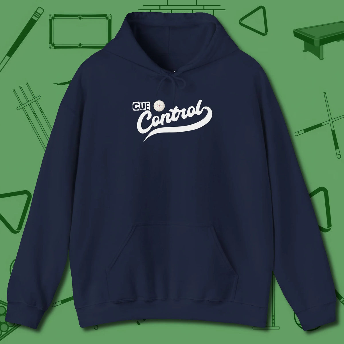 Cue Control Hoodie, front view, in Navy from chalk to clutch, look the part