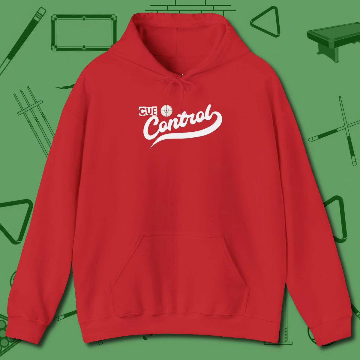 Cue Control Hoodie, front view, in Red your secret weapon off the table