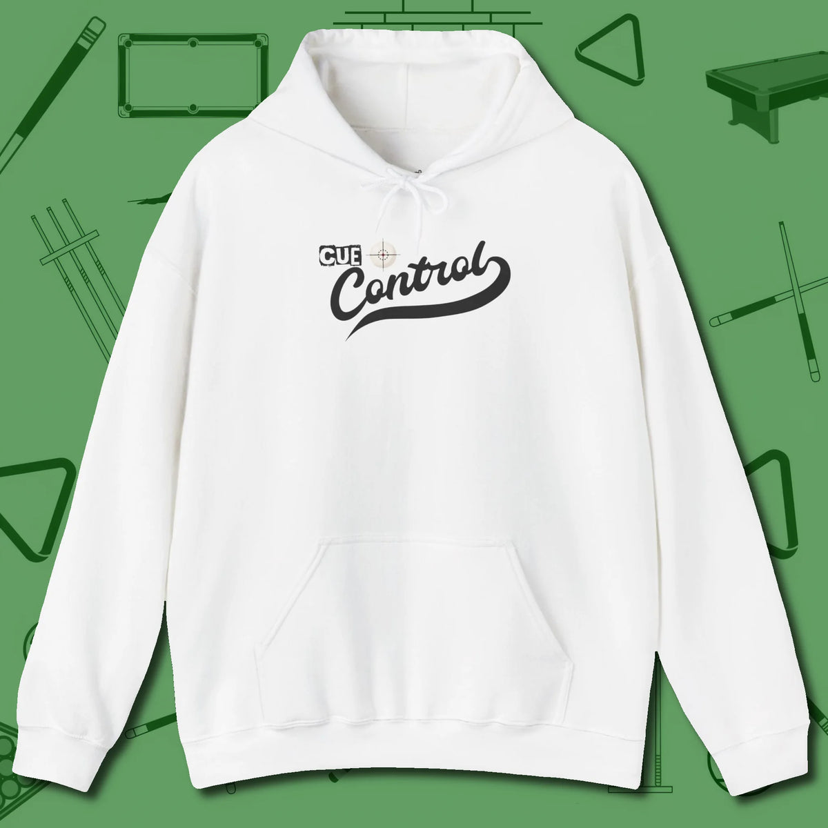 Cue Control Hoodie, front view, in White put your best game on display