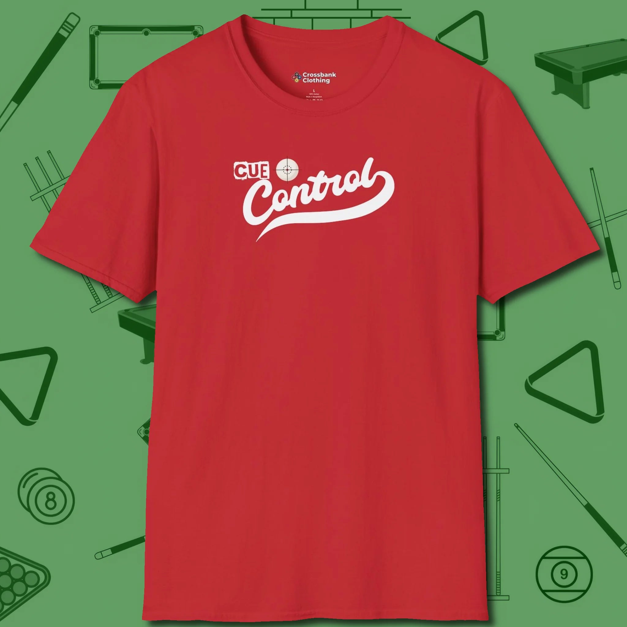 Cue Control T-Shirt, front view, in Red look good while calling your pocket