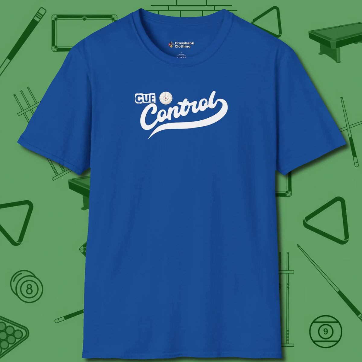 Cue Control T-Shirt, front view, in Royal designed for dead stroke and deadpan looks