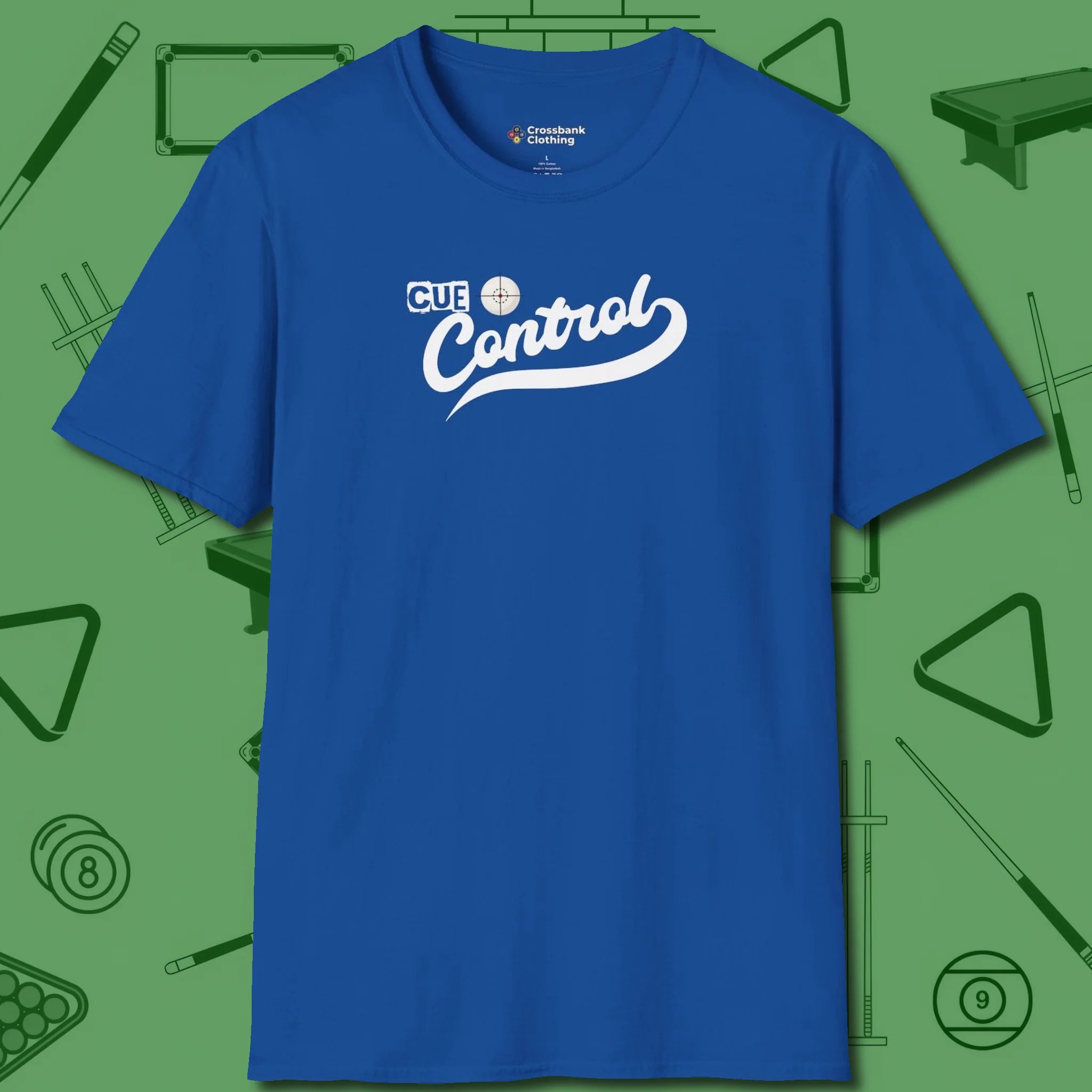Cue Control T-Shirt, front view, in Royal designed for dead stroke and deadpan looks
