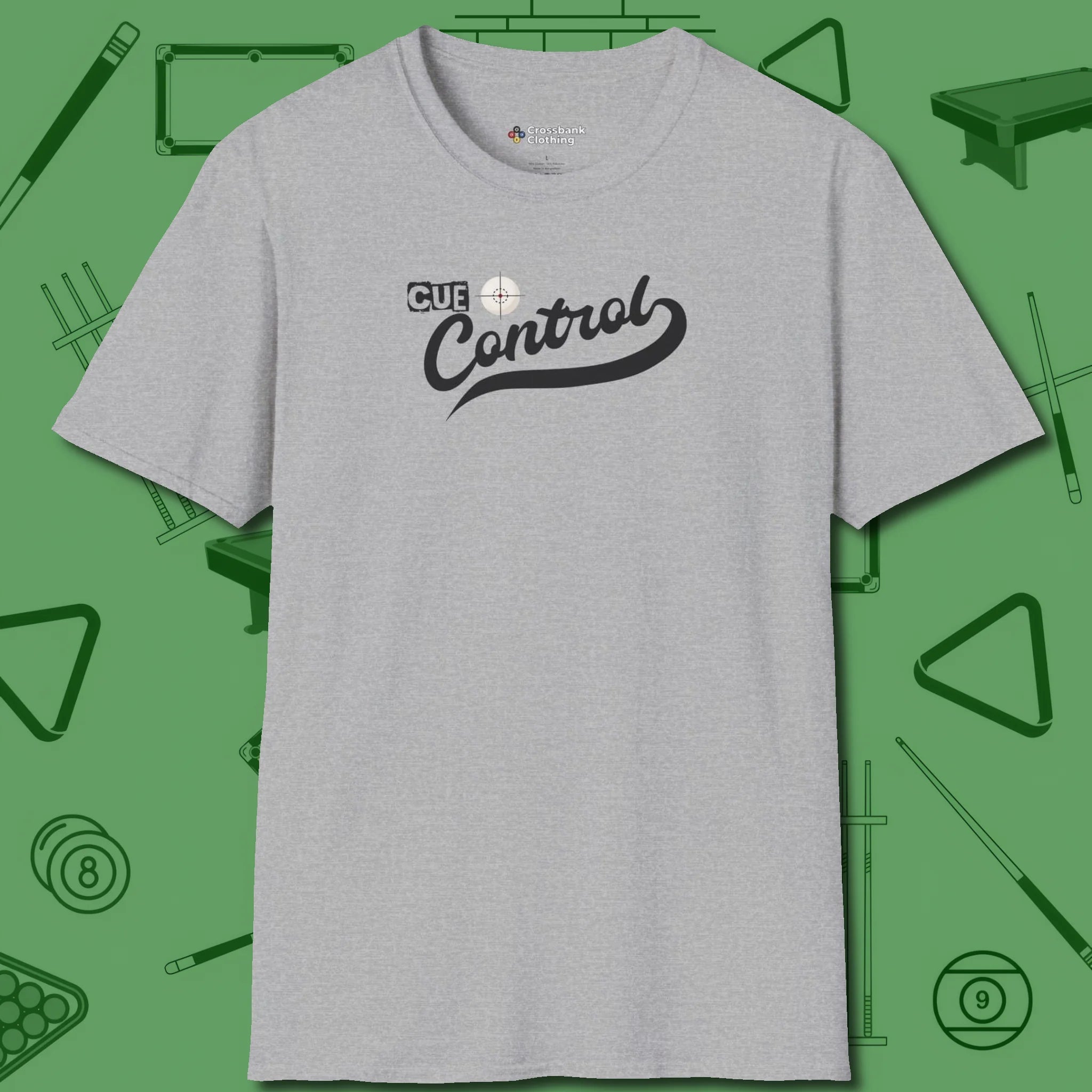 Cue Control T-Shirt, front view, in Sport Grey cue sports swagger done right