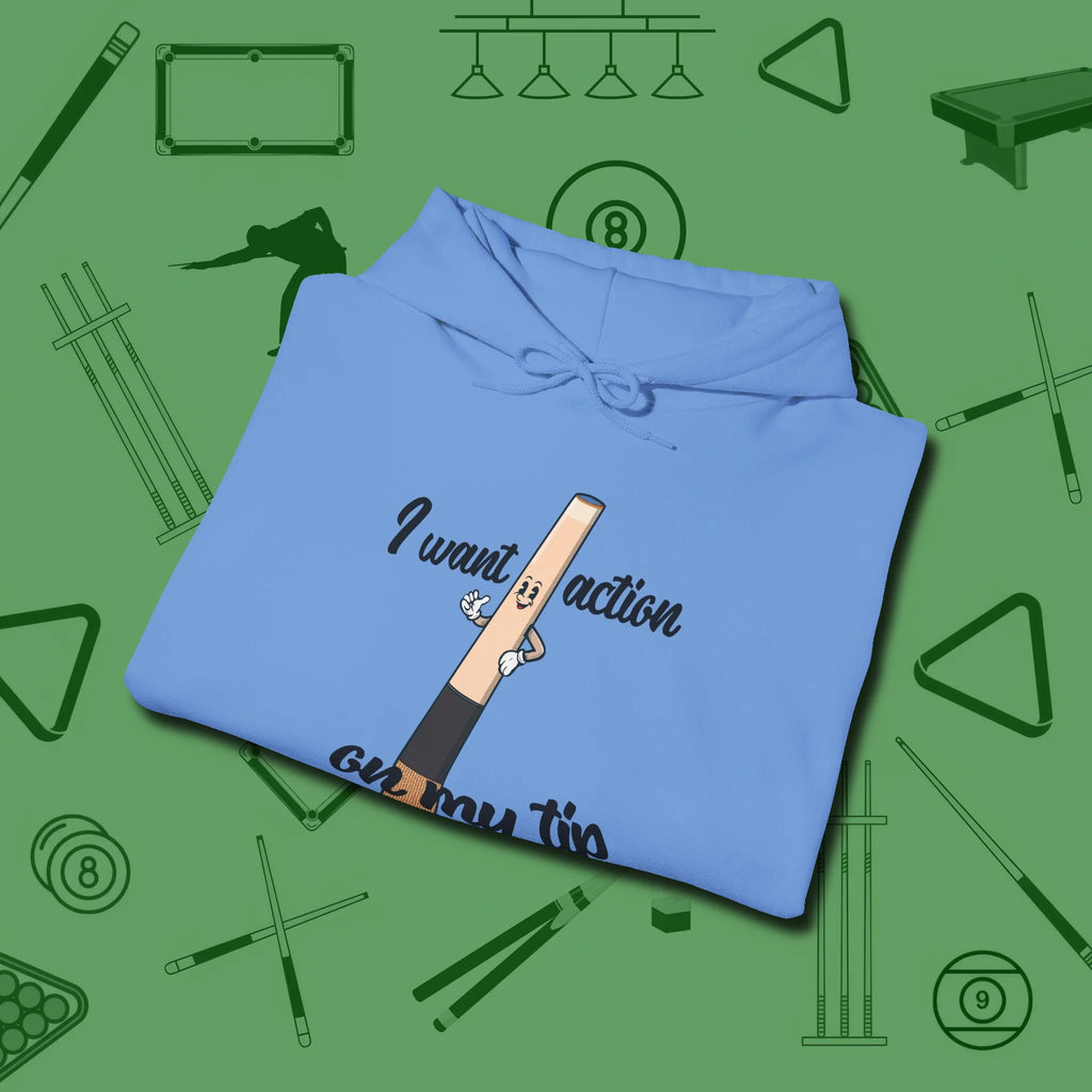 Cue Tip Action Hoodie, folded view, in Carolina Blue attitude built for the long haul