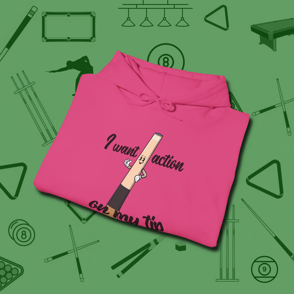 Cue Tip Action Hoodie, folded view, in Heliconia fashion with break-and-run energy