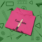 Cue Tip Action Hoodie, folded view, in Heliconia fashion with break-and-run energy