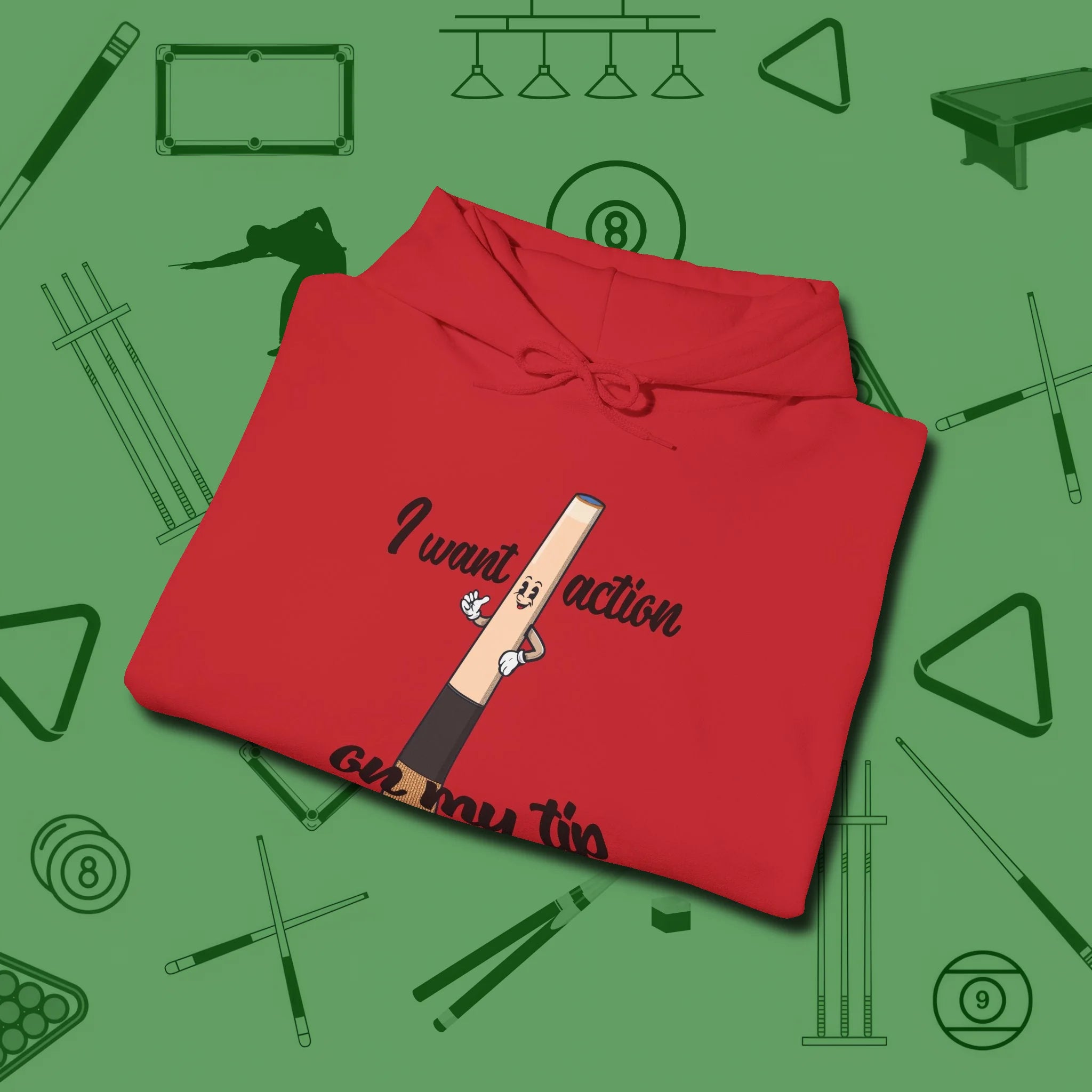 Cue Tip Action Hoodie, folded view, in Red cool under pressure, hot on the eyes