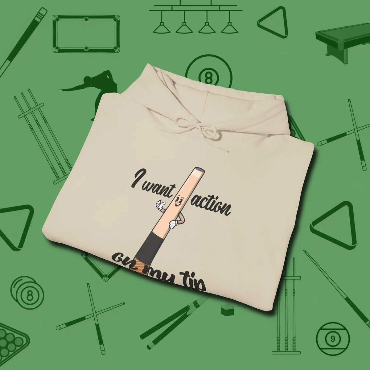 Cue Tip Action Hoodie, folded view, in Sand your go-to shirt for league night victories