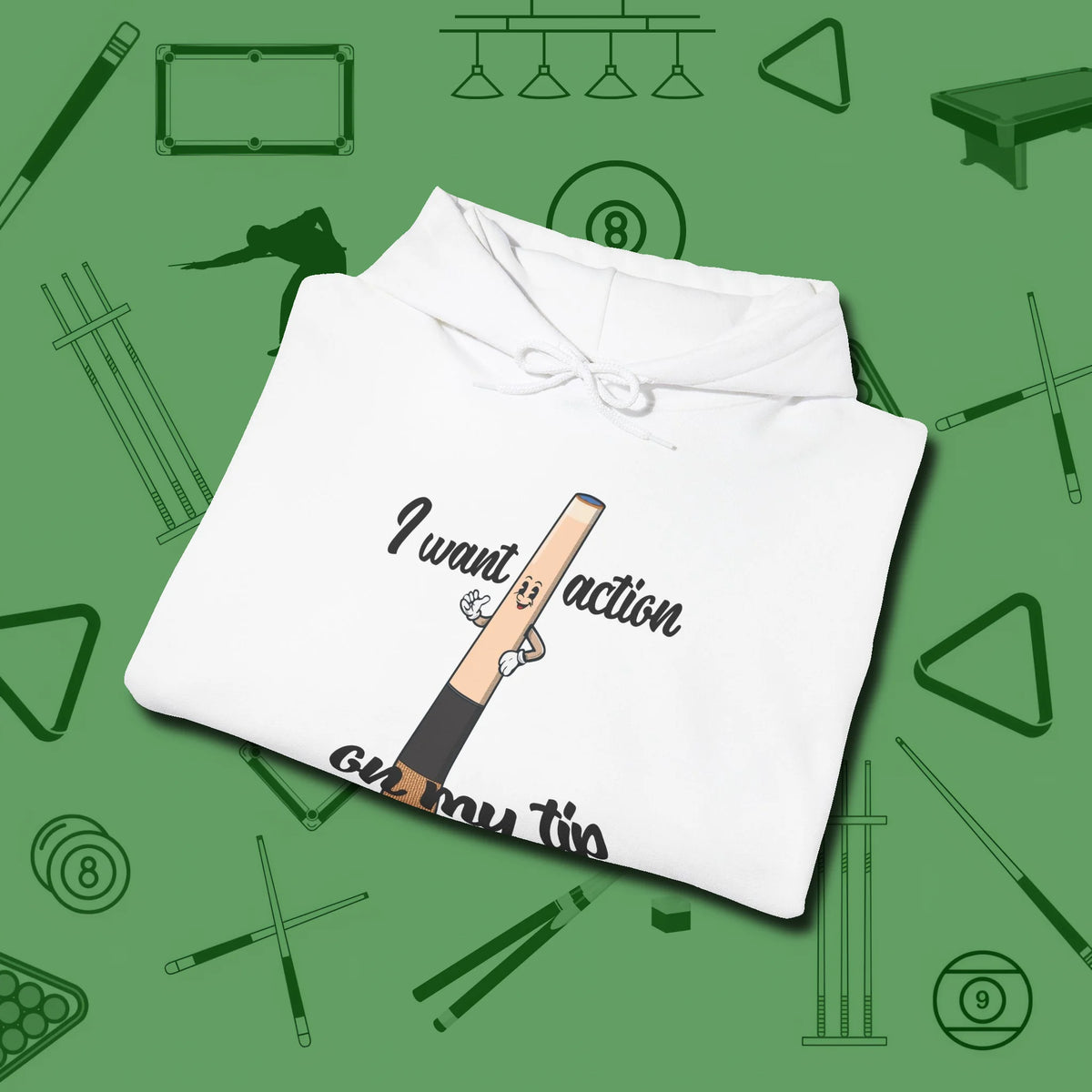 Cue Tip Action Hoodie, folded view, in White attitude built for the long haul