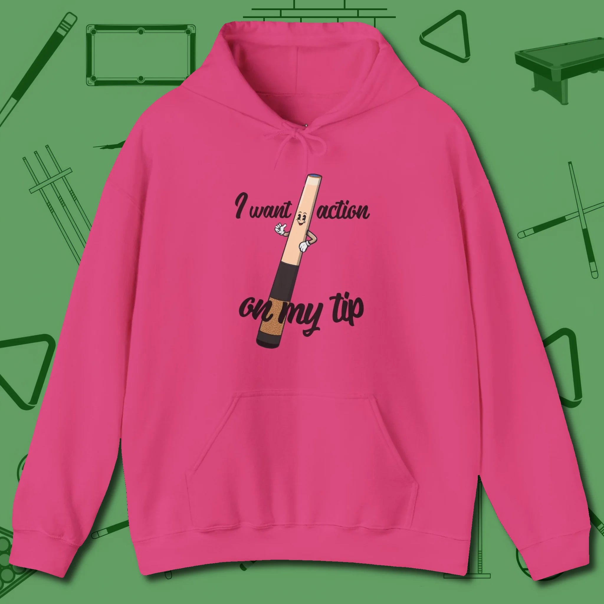 Cue Tip Action Hoodie, front view, in Heliconia for hustlers who keep it honest
