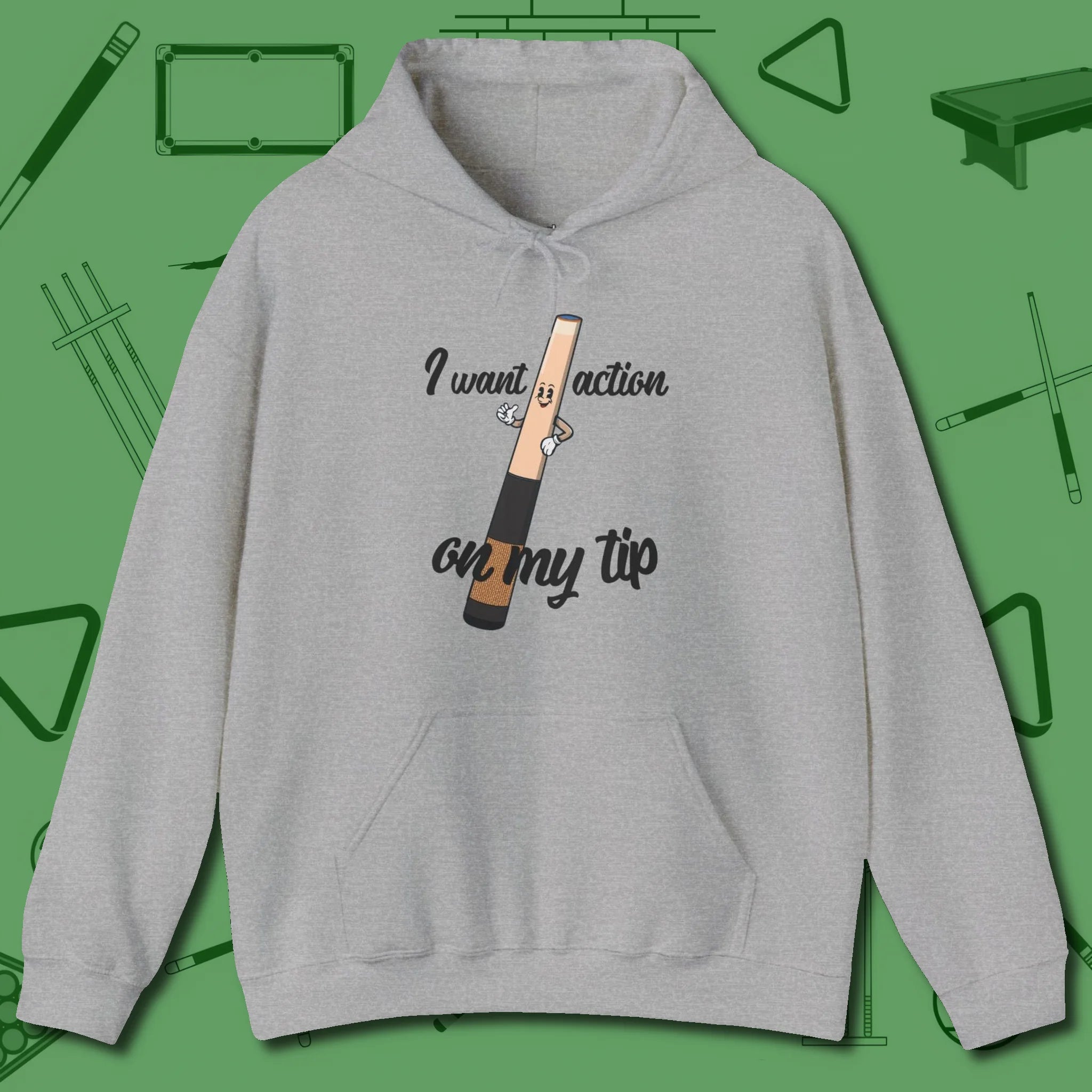 Cue Tip Action Hoodie, front view, in Sport Grey make every shot — and outfit — count