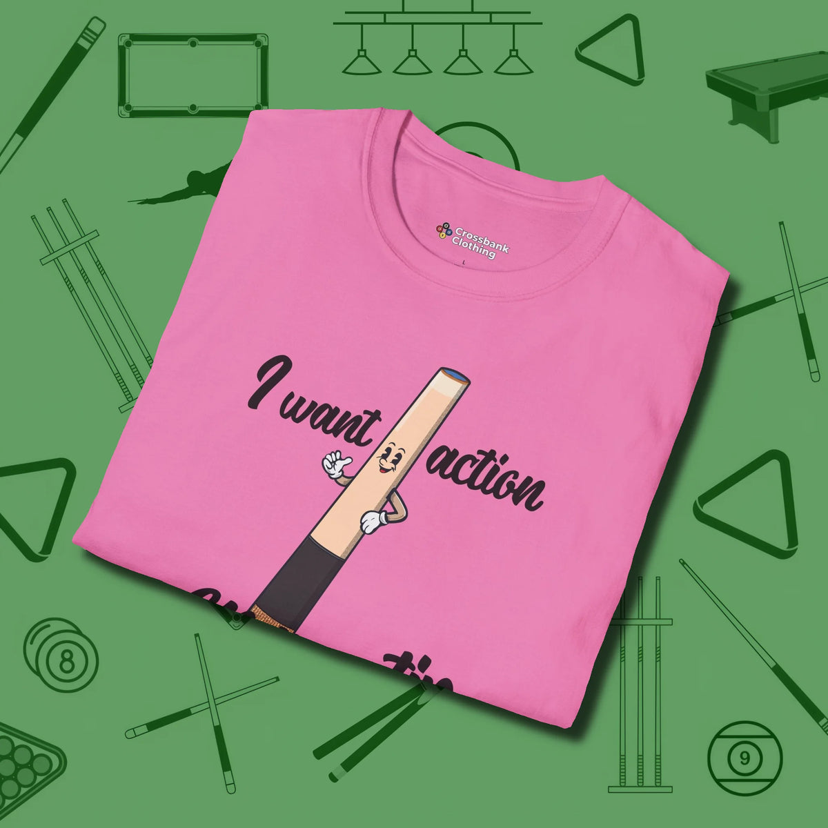 Cue Tip Action T-Shirt, folded view, in Azalea poolroom style with tournament attitude