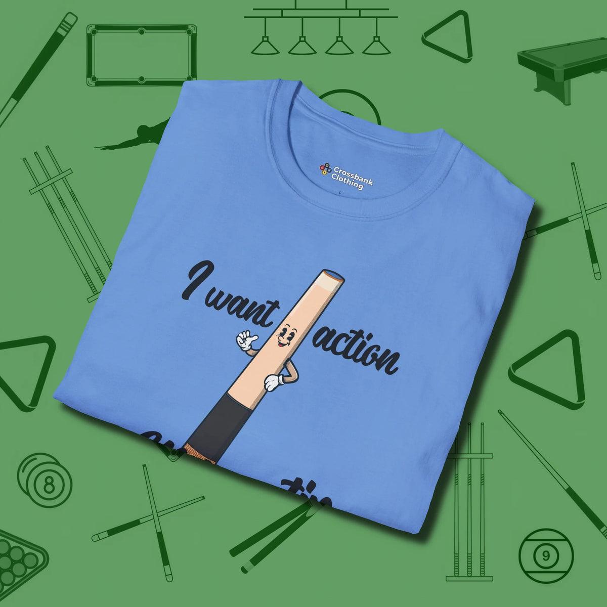 Cue Tip Action T-Shirt, folded view, in Carolina Blue cue sports swagger done right