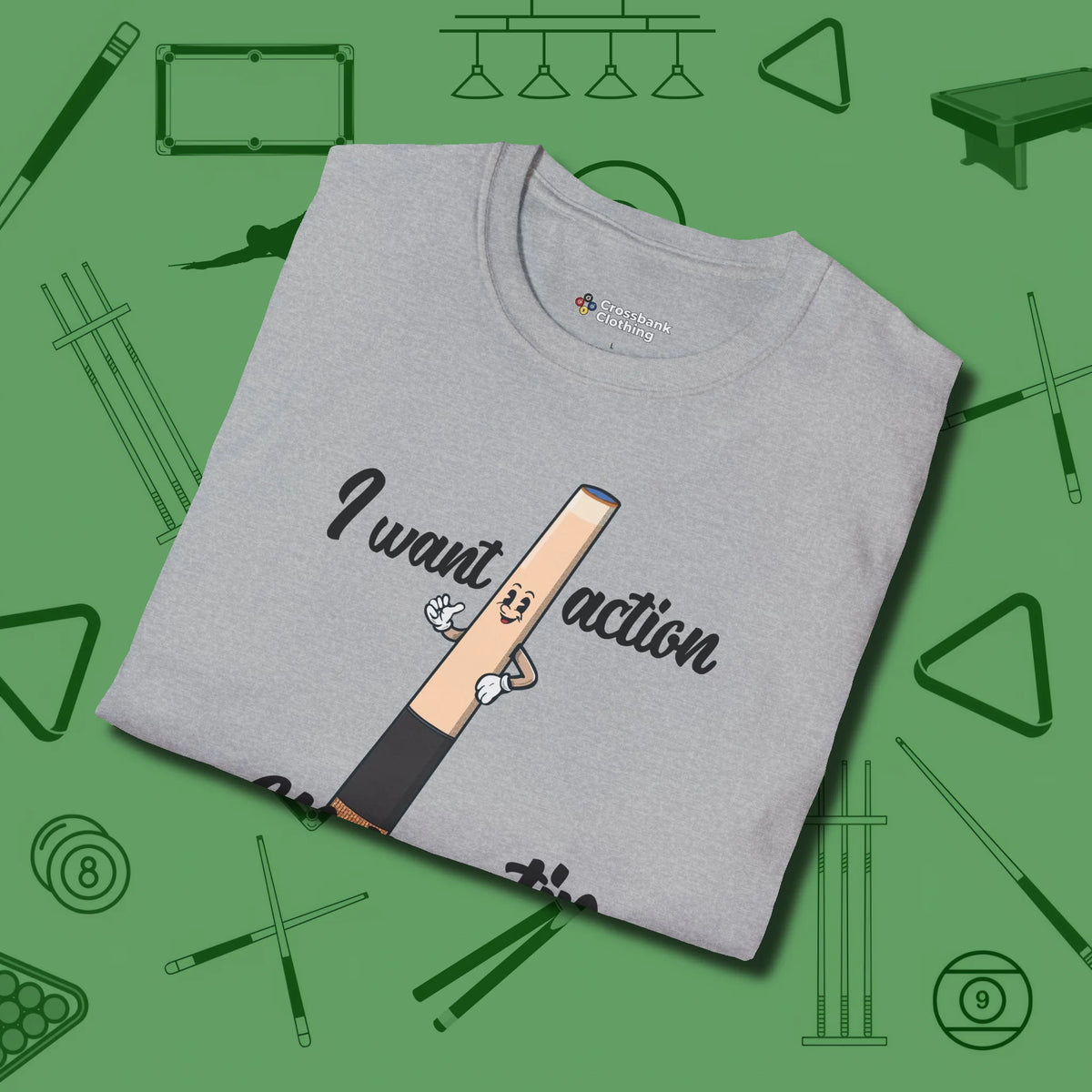 Cue Tip Action T-Shirt, folded view, in Sport Grey an extension of your pool persona