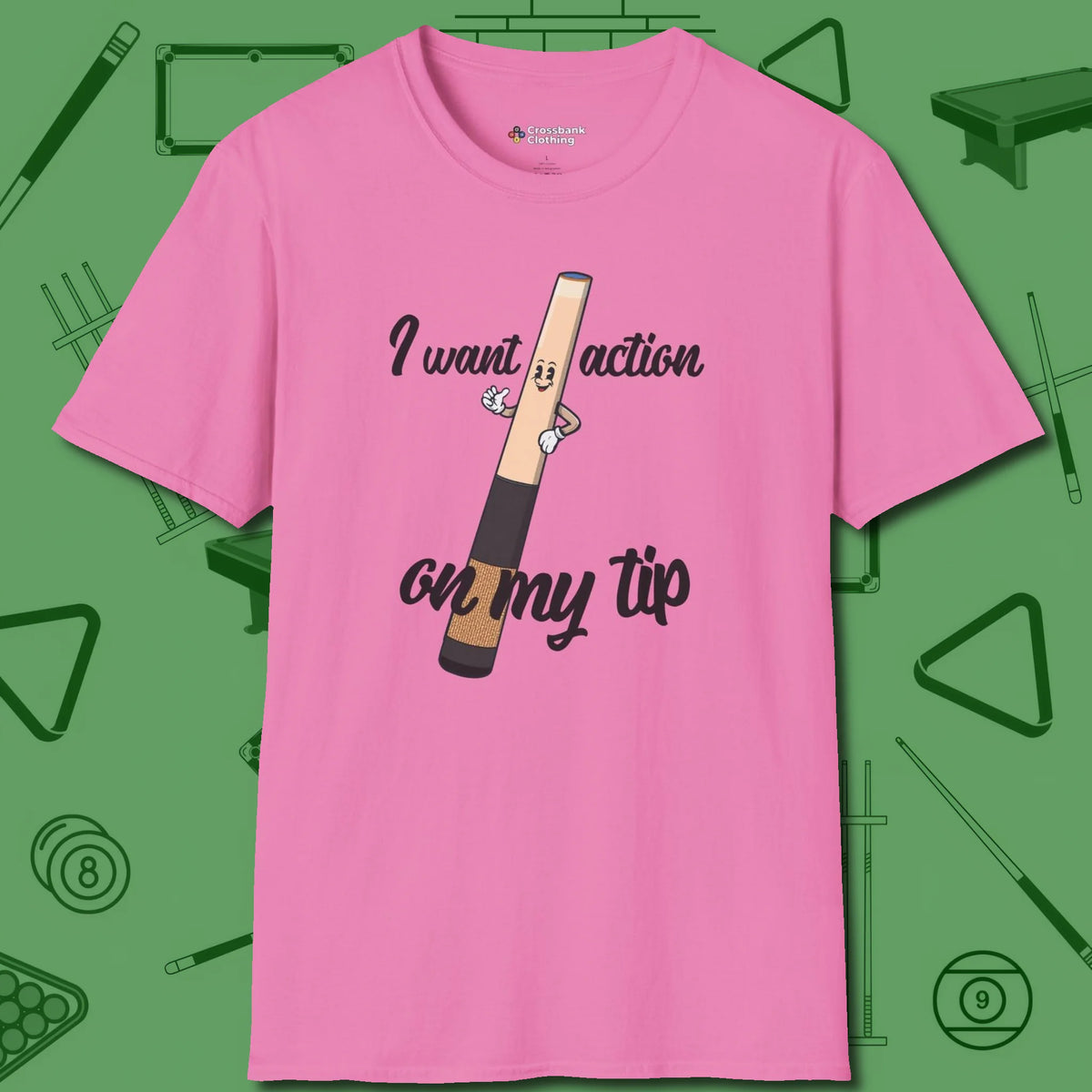 Cue Tip Action T-Shirt, front view, in Azalea where cue control meets personal style