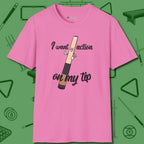Cue Tip Action T-Shirt, front view, in Azalea where cue control meets personal style