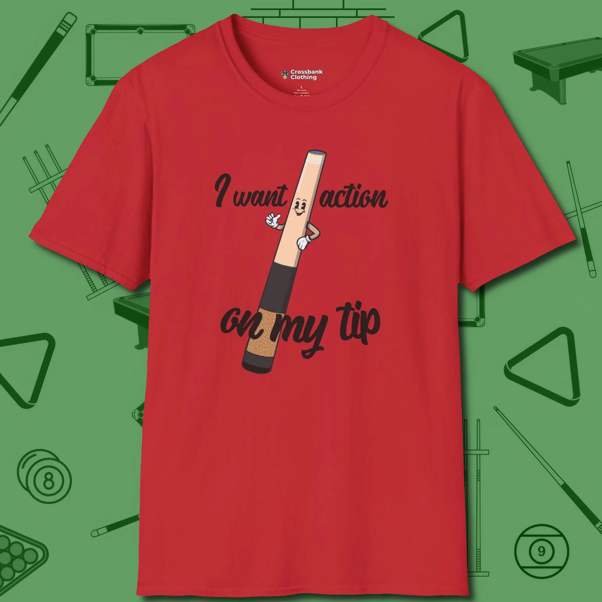 Cue Tip Action T-Shirt, front view, in Red the shirt that plays position