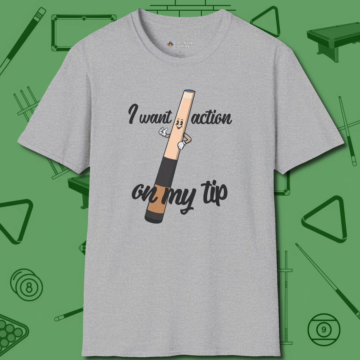 Cue Tip Action T-Shirt, front view, in Sport Grey helps your stroke and your style