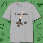 Cue Tip Action T-Shirt, front view, in Sport Grey helps your stroke and your style
