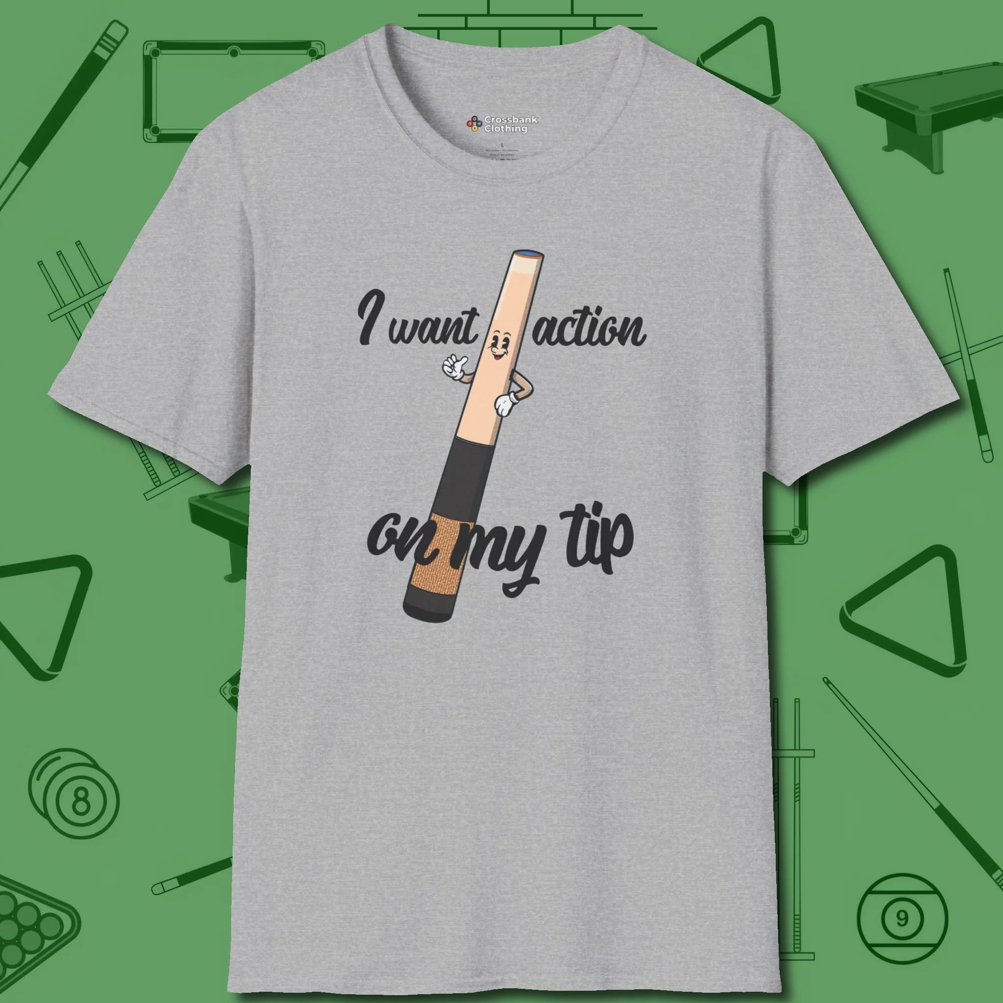 Cue Tip Action T-Shirt, front view, in Sport Grey helps your stroke and your style