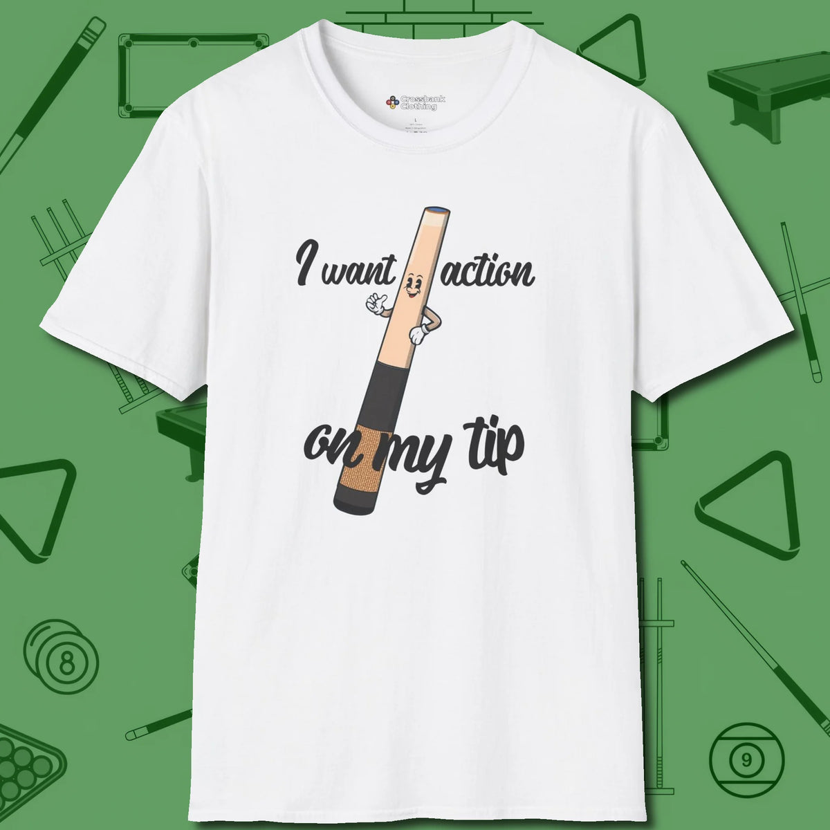 Cue Tip Action T-Shirt, front view, in White where style and cue discipline collide