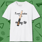 Cue Tip Action T-Shirt, front view, in White where style and cue discipline collide