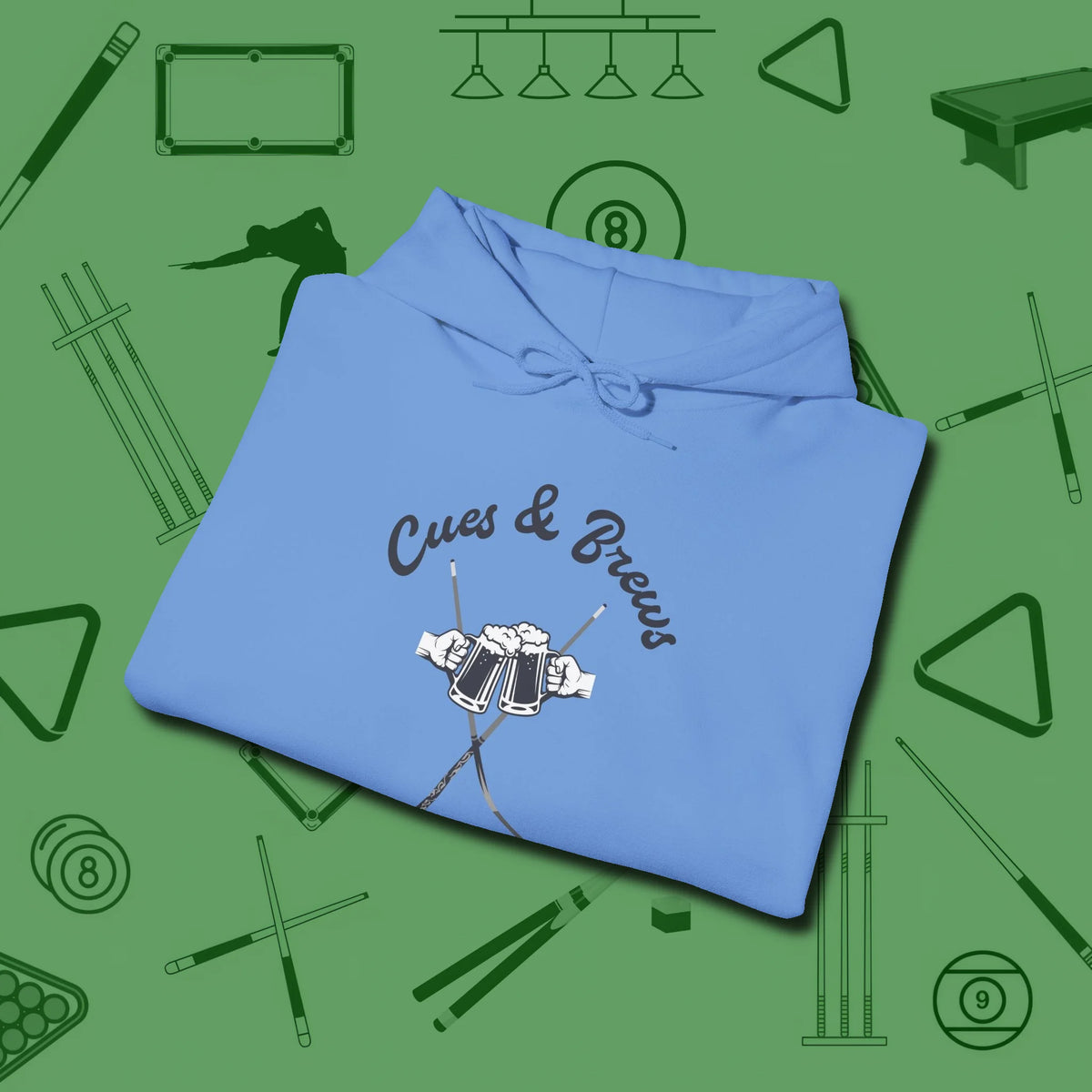 Cues & Brews Hoodie, folded view, in Carolina Blue make every shot — and outfit — count