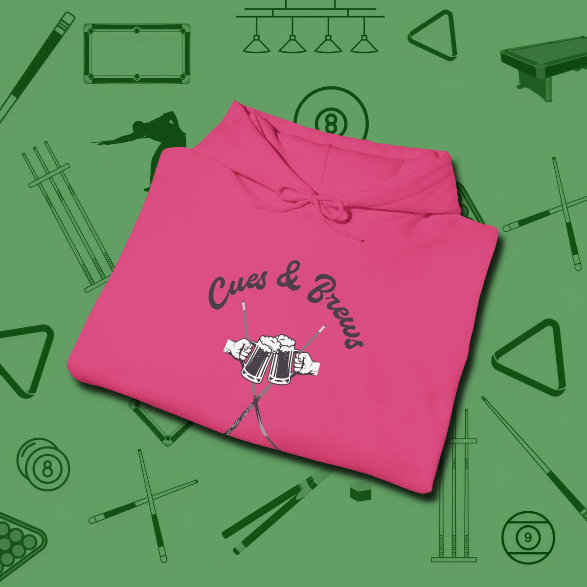 Cues & Brews Hoodie, folded view, in Heliconia cue up respect every time you wear it