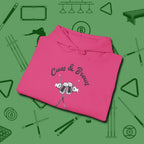 Cues & Brews Hoodie, folded view, in Heliconia cue up respect every time you wear it