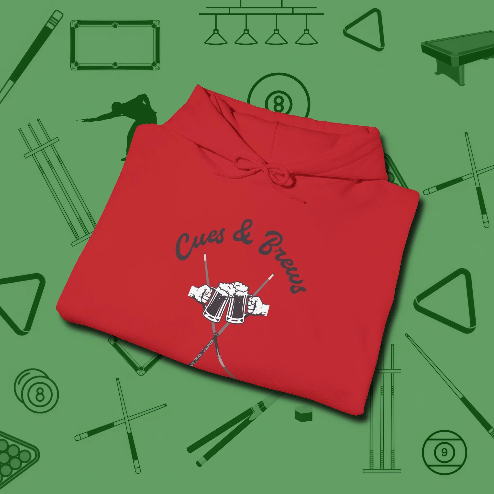 Cues & Brews Hoodie, folded view, in Red for shooters who dress like they play: sharp