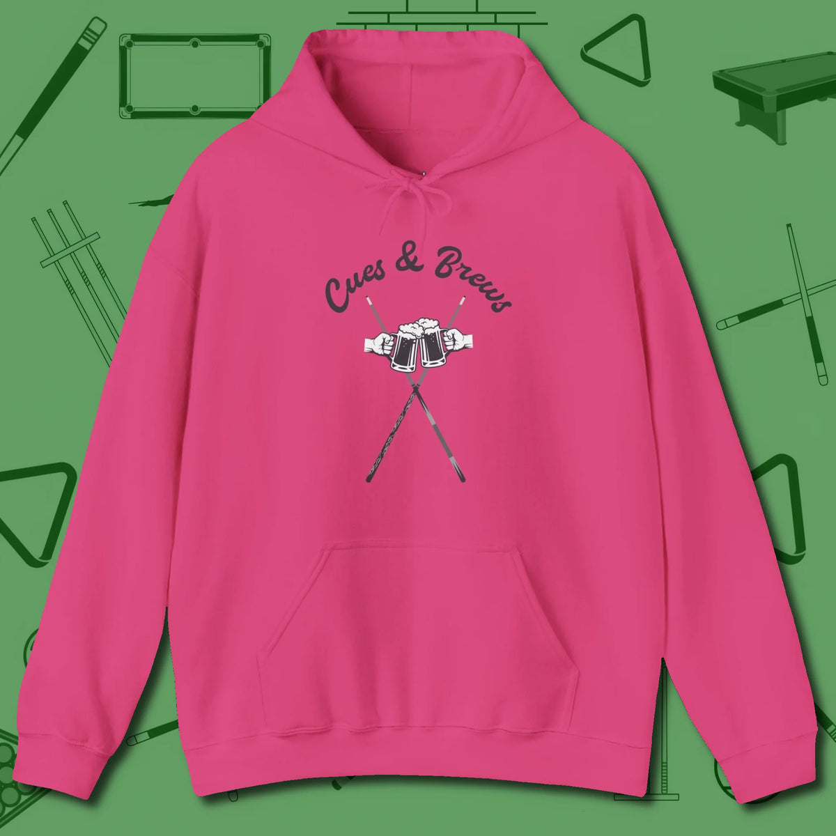 Cues & Brews Hoodie, front view, in Heliconia confidence stitched in every seam
