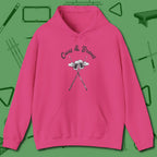 Cues & Brews Hoodie, front view, in Heliconia confidence stitched in every seam
