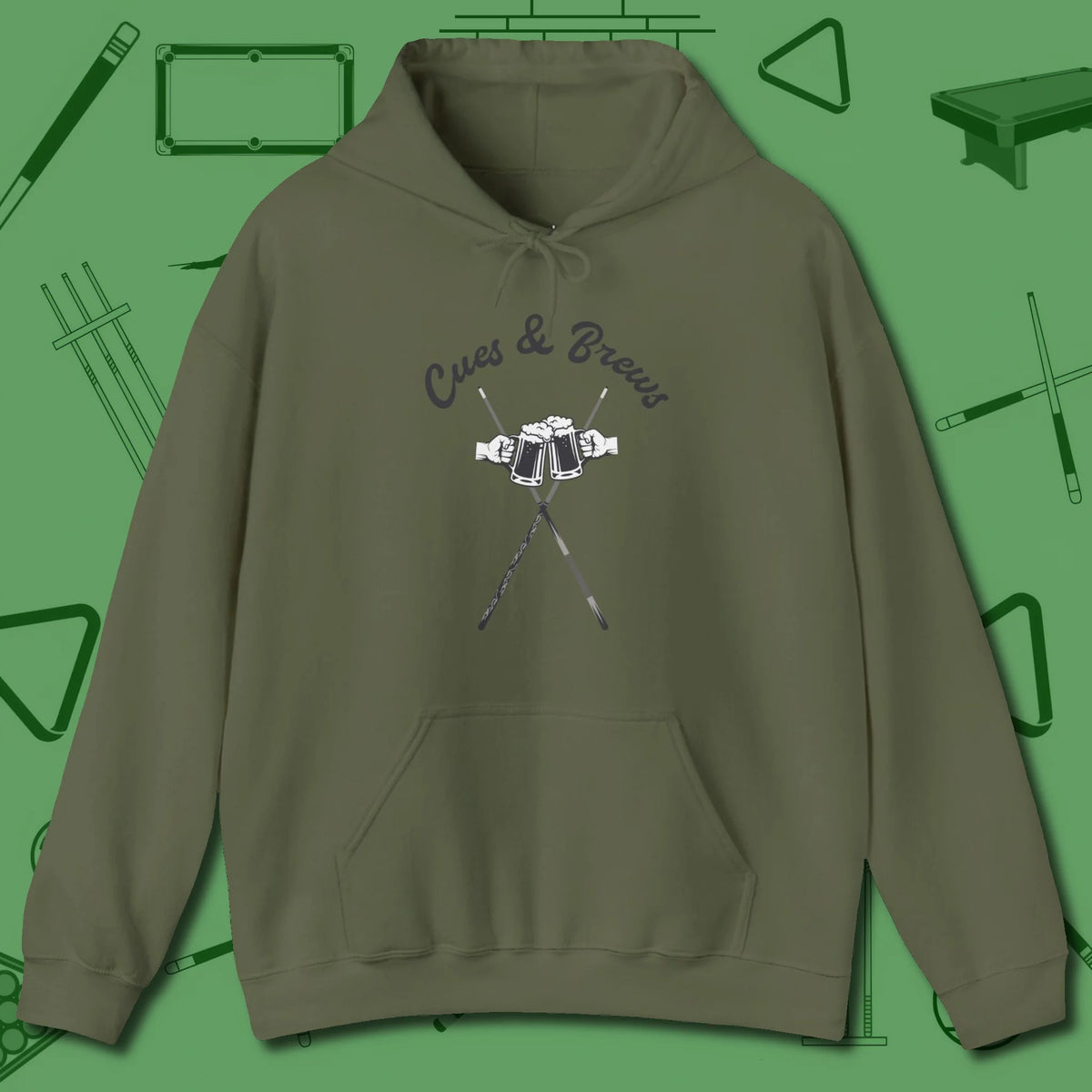 Cues & Brews Hoodie, front view, in Military Green break, run out, turn heads — repeat