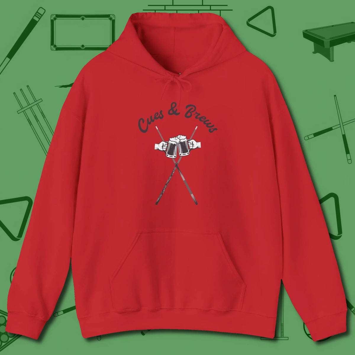 Cues & Brews Hoodie, front view, in Red dress for the shot you want to take