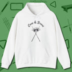 Cues & Brews Hoodie, front view, in White not your average 8-ball graphic tee